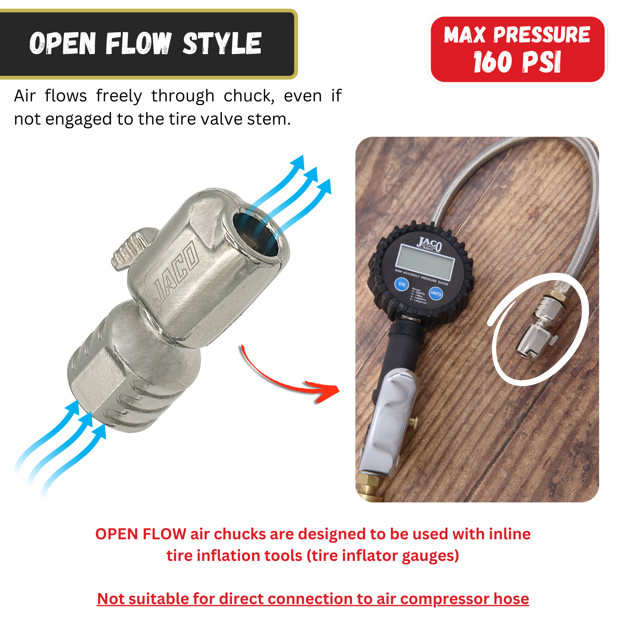 Photo of Lightning™ S-Series Tire Air Chuck | Open Flow, 1/4" F-NPT by JACO - Premium Air Chuck for UTVs / Side by Sides