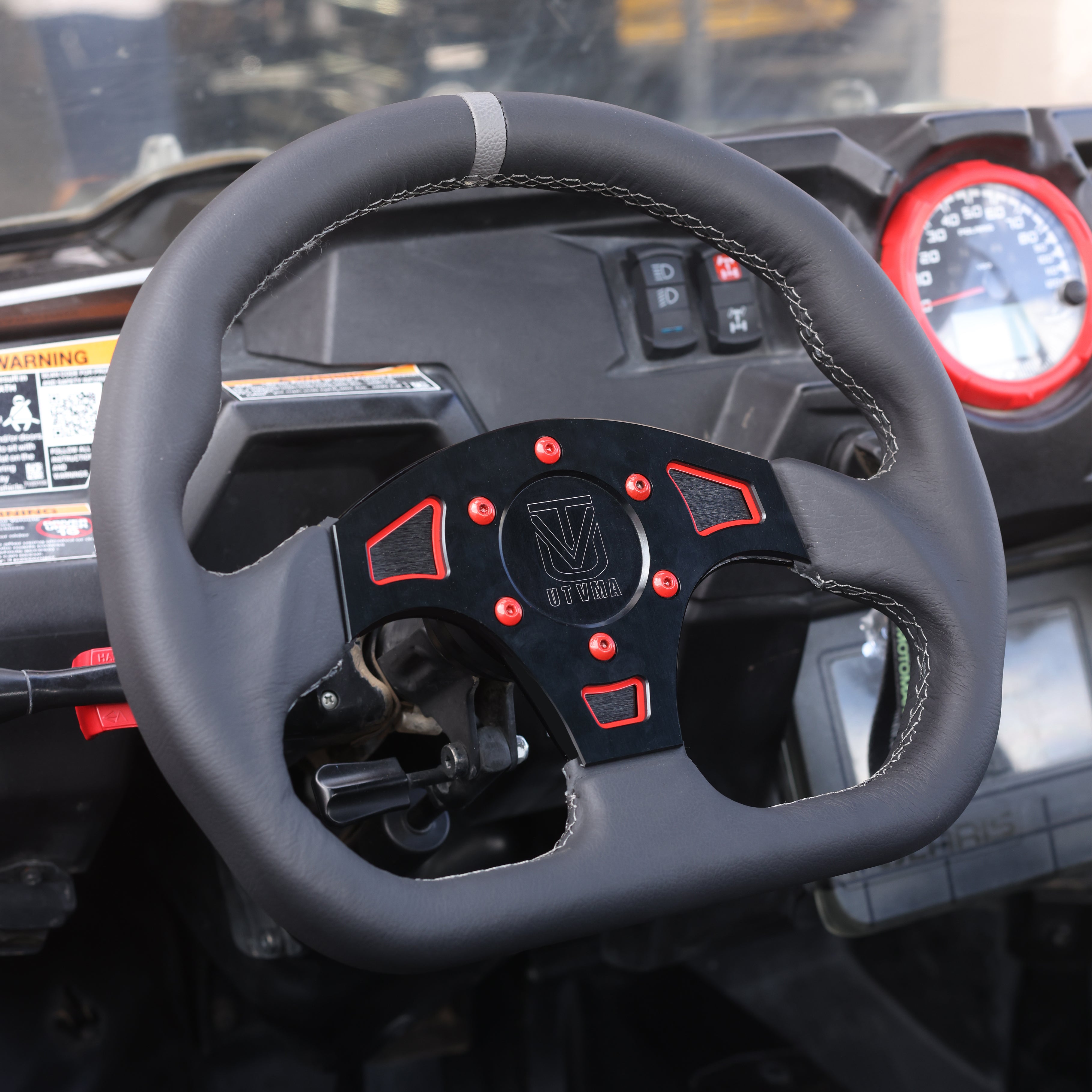 Photo of UTVMA DriftX Leather Steering Wheel With Hub (Polaris and Can Am Models) by UTV Mountain Accessories - Premium Steering Wheel for UTVs / Side by Sides