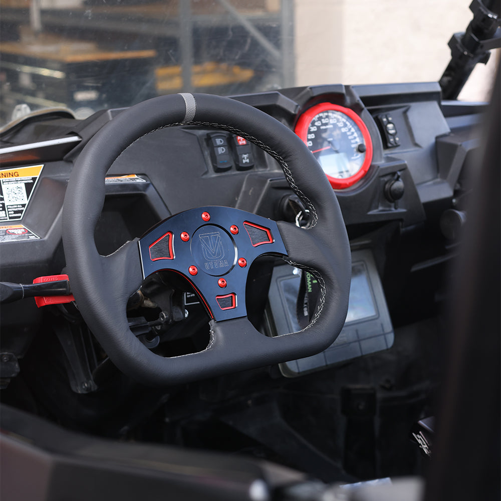 Photo of UTVMA DriftX Leather Steering Wheel With Hub (Polaris and Can Am Models) by UTV Mountain Accessories - Premium Steering Wheel for UTVs / Side by Sides