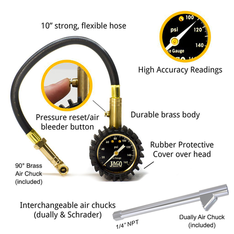Photo of EliteProPlus™ Tire Pressure Gauge with Dually Air Chuck - 160 PSI by JACO - Premium Tire Pressure Gauge for UTVs / Side by Sides