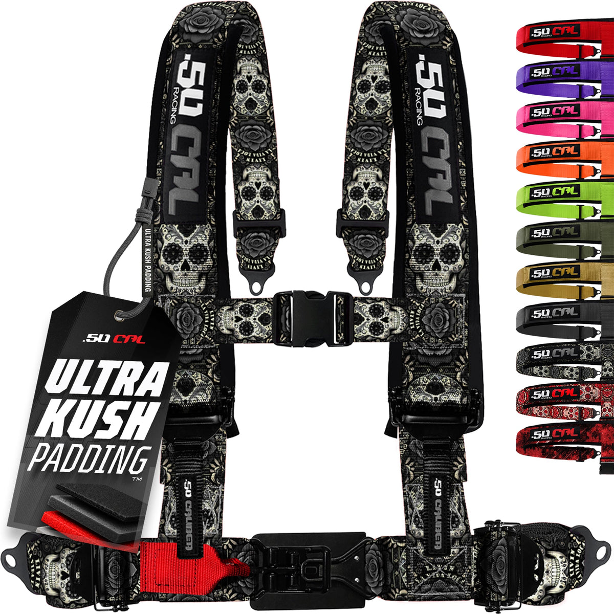 50 Caliber Racing Black Sugar Skull 4-point Elite EZ-Adjust race-latch harness front view