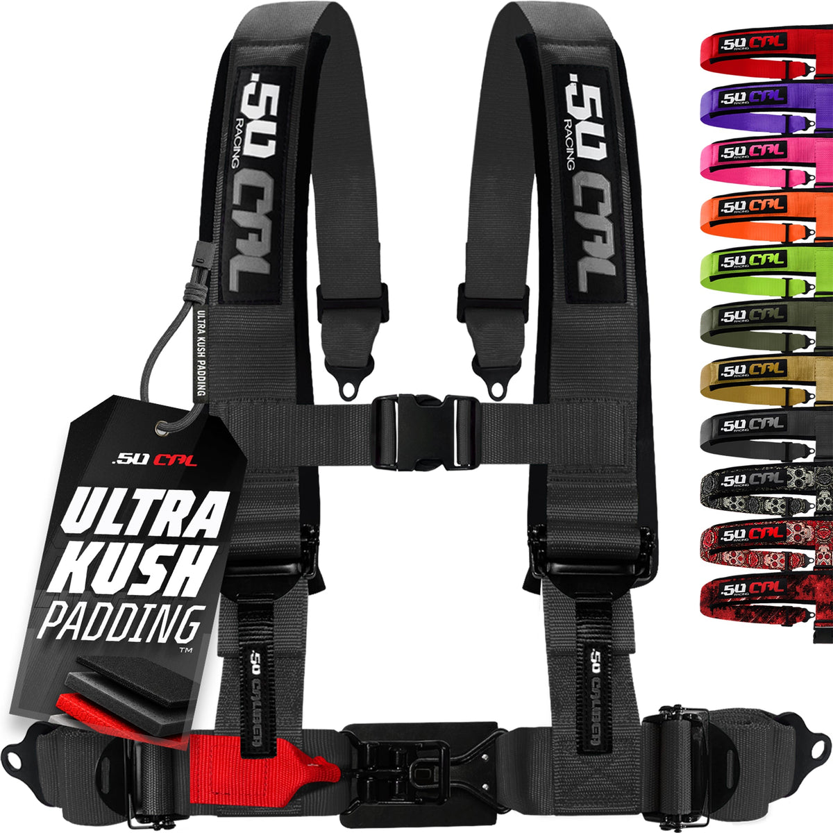 50 Caliber Racing Stealth Black 4-point Elite EZ-Adjust race-latch harness front view