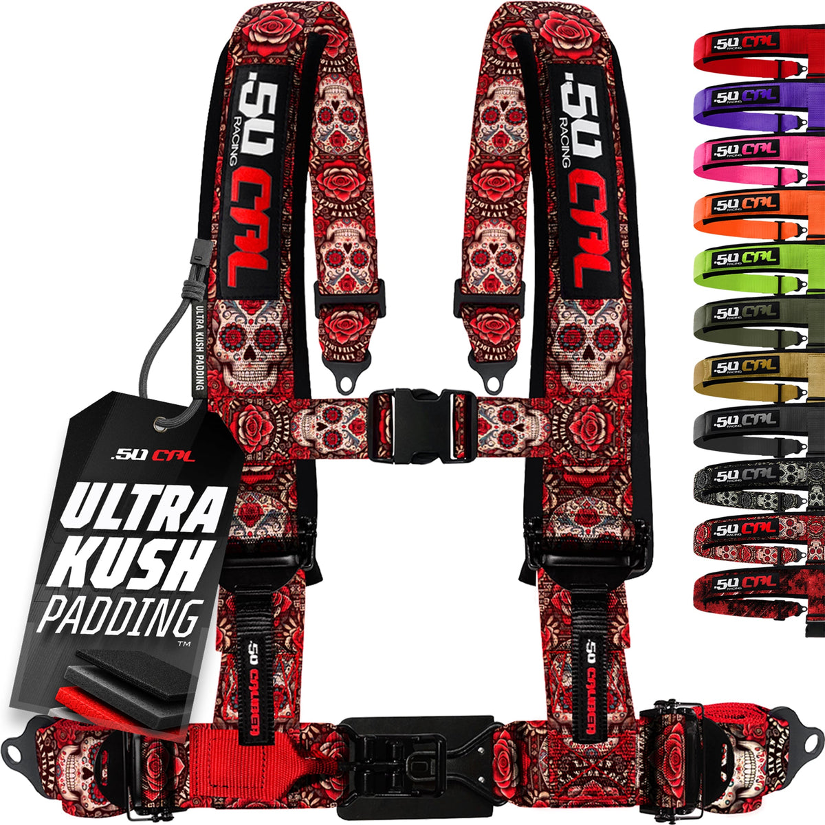 50 Caliber Racing Red Sugar Skull 4-point Elite EZ-Adjust race-latch harness front view