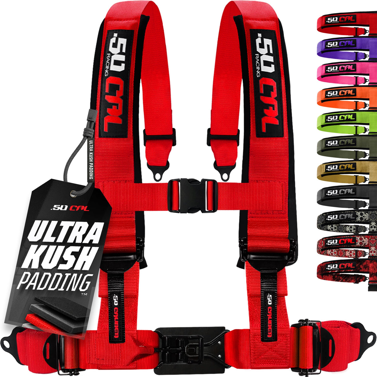 50 Caliber Racing Rage Red 4-point Elite EZ-Adjust race-latch harness front view