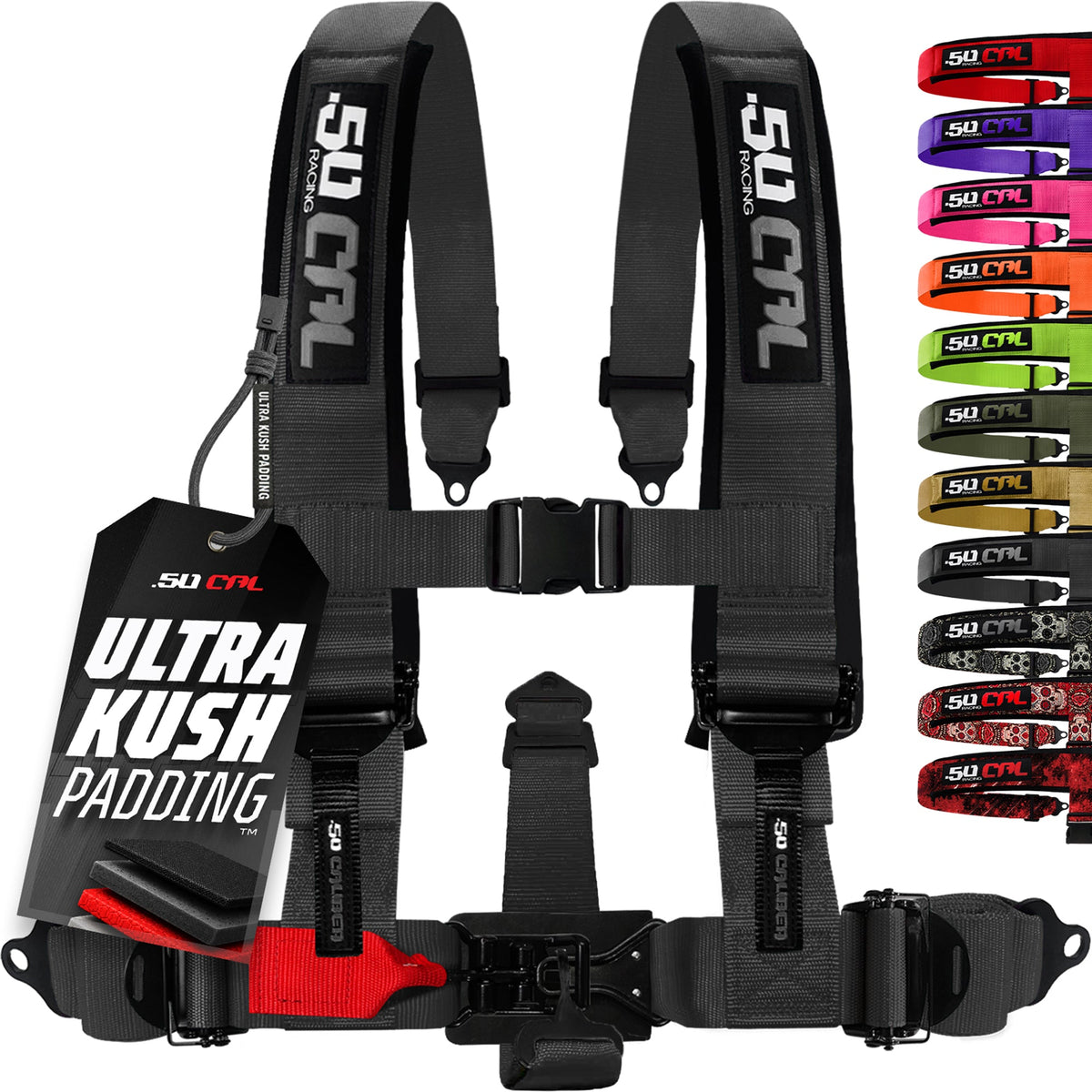 50 Caliber Racing Stealth Black 5-point Elite EZ-Adjust race-latch harness front view