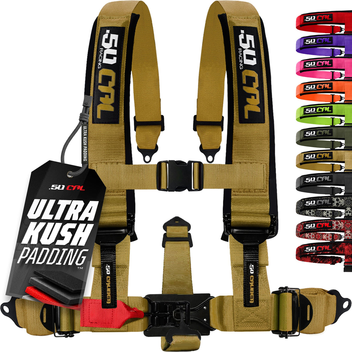 50 Caliber Racing Baja Gold 5-point Elite EZ-Adjust race-latch harness front view