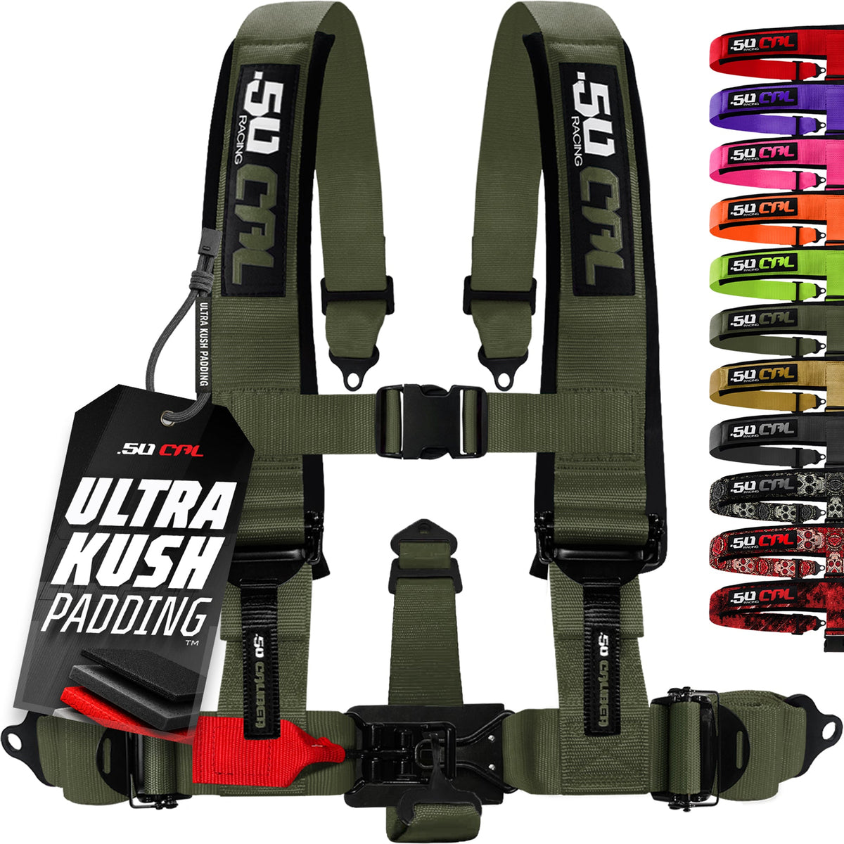 50 Caliber Racing Recon Green 5-point Elite EZ-Adjust race-latch harness front view