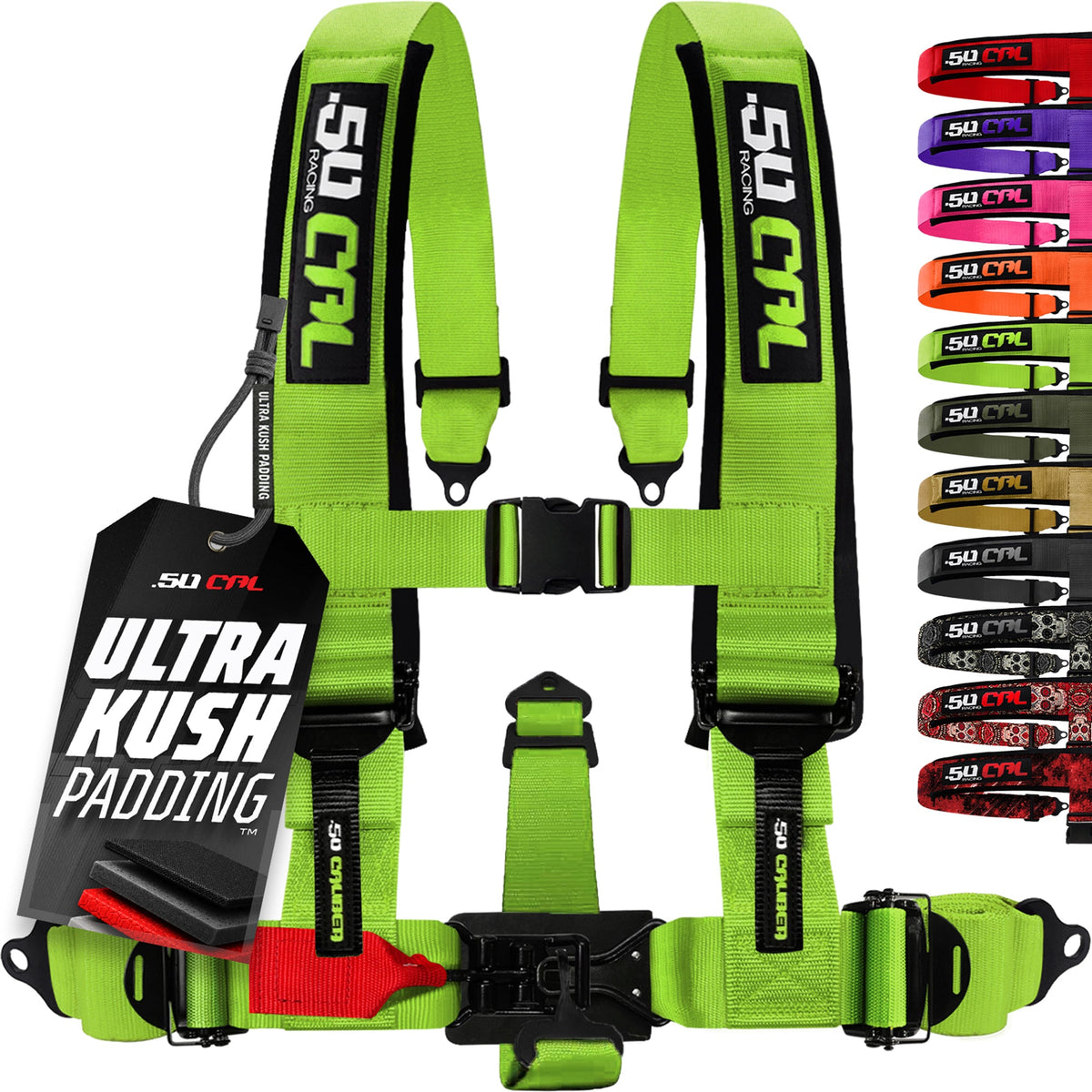 50 Caliber Racing Toxic Lime 5-point Elite EZ-Adjust race-latch harness front view