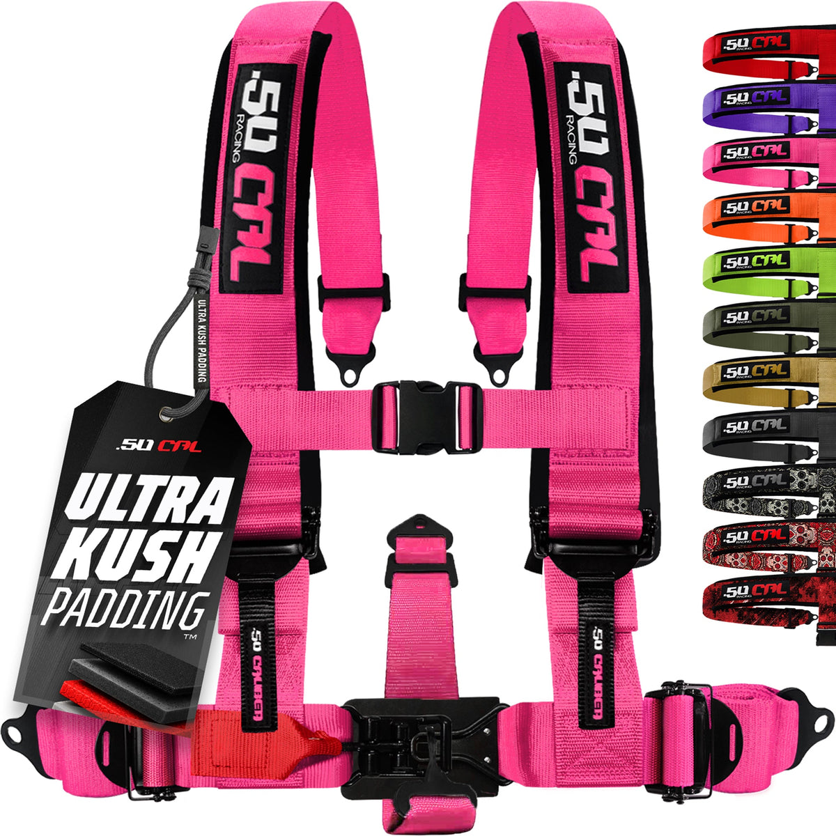50 Caliber Racing Nitro Pink 5-point Elite EZ-Adjust race-latch harness front view