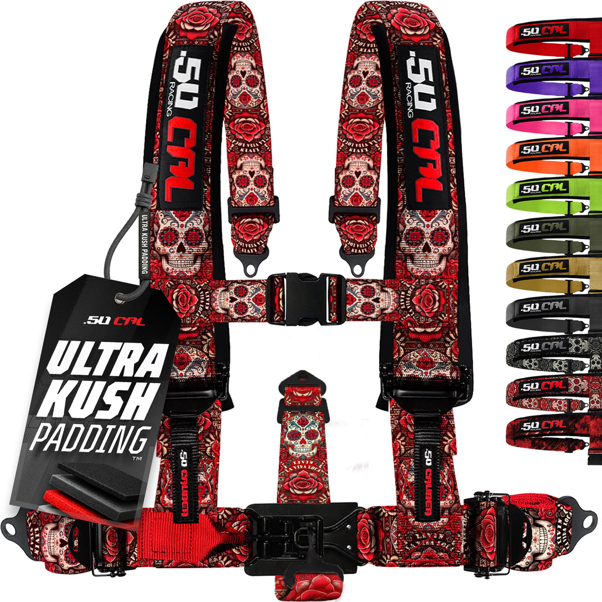 50 Caliber Racing Red Sugar Skull 5-point Elite EZ-Adjust race-latch harness front view