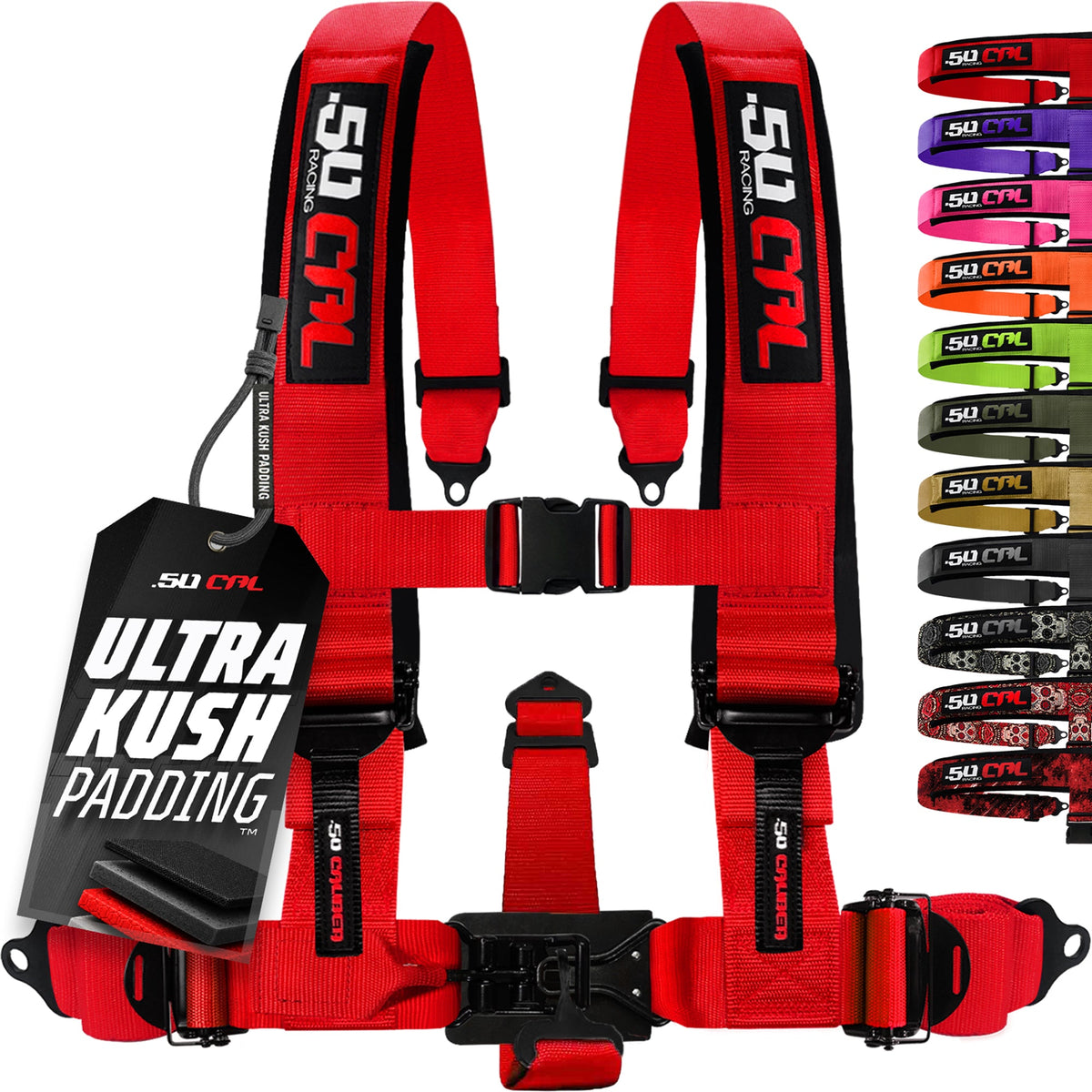 50 Caliber Racing Rage Red 5-point Elite EZ-Adjust race-latch harness front view