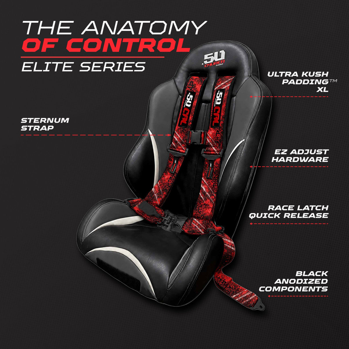 50 Caliber Racing Death Trap 4-point Elite EZ-Adjust race-latch harness shown on a seat with buckle and adjuster callouts