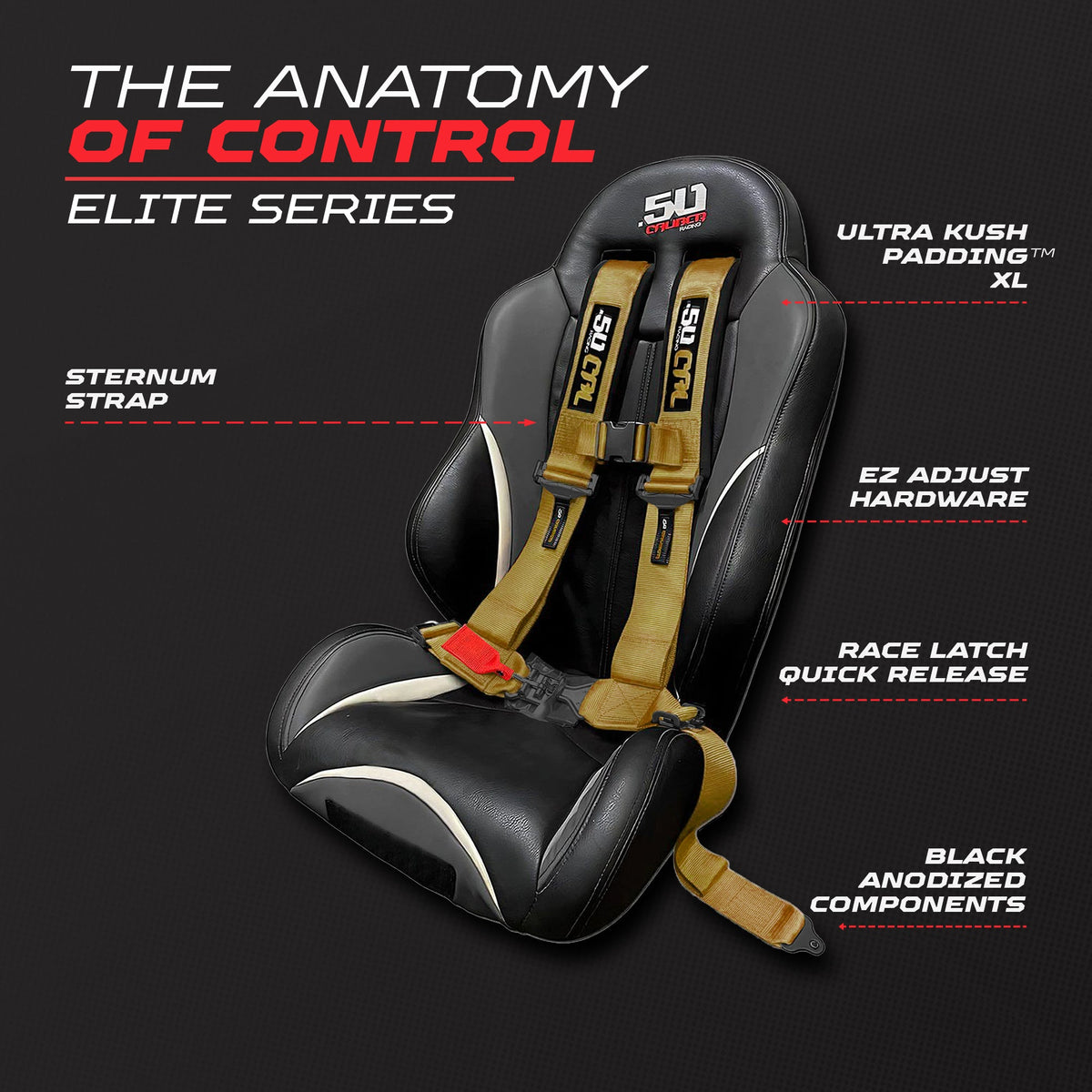 50 Caliber Racing Baja Gold 4-point Elite EZ-Adjust race-latch harness shown on a seat with buckle and adjuster callouts