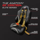 50 Caliber Racing Baja Gold 4-point Elite EZ-Adjust race-latch harness shown on a seat with buckle and adjuster callouts