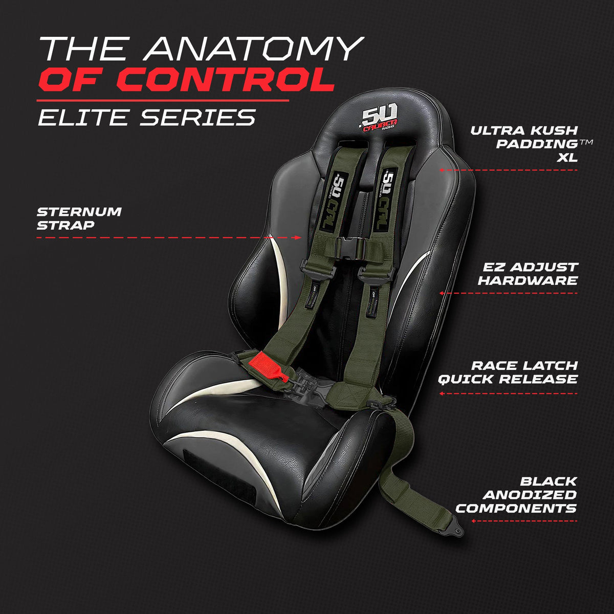 50 Caliber Racing Recon Green 4-point Elite EZ-Adjust race-latch harness shown on a seat with buckle and adjuster callouts