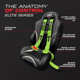 50 Caliber Racing Toxic Lime 4-point Elite EZ-Adjust race-latch harness shown on a seat with buckle and adjuster callouts