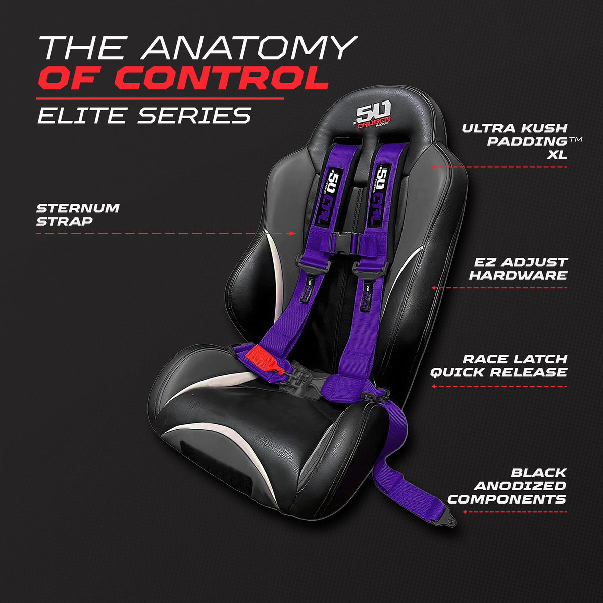 50 Caliber Racing Violent Purple 4-point Elite EZ-Adjust race-latch harness shown on a seat with buckle and adjuster callouts