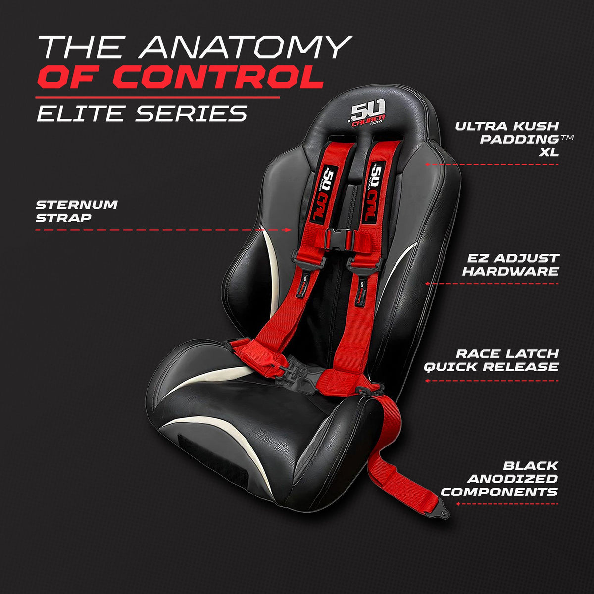 50 Caliber Racing Rage Red 4-point Elite EZ-Adjust race-latch harness shown on a seat with buckle and adjuster callouts