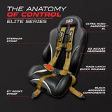 50 Caliber Racing Baja Gold 5-point Elite EZ-Adjust race-latch harness shown on a seat with buckle and adjuster callouts