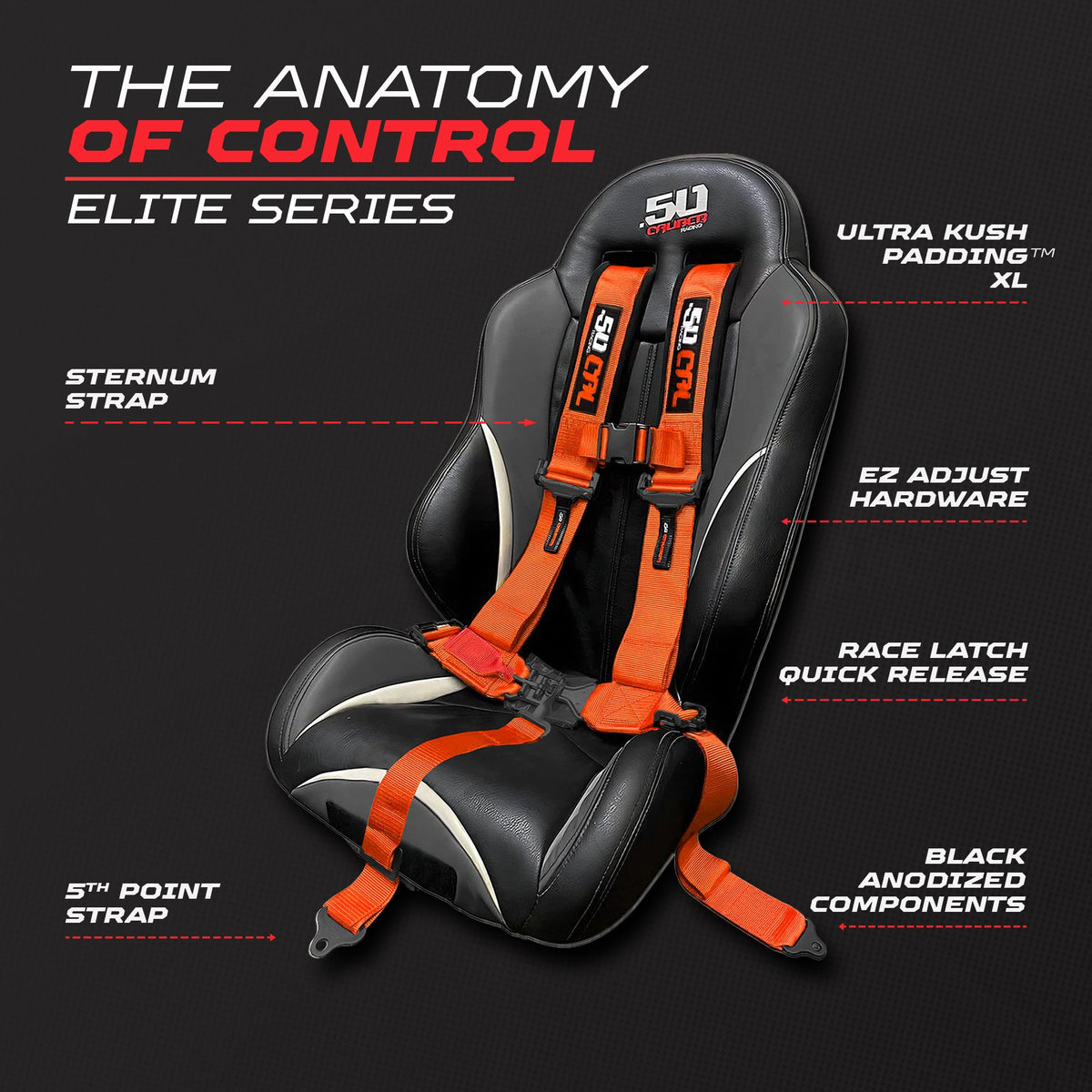 50 Caliber Racing Fury Orange 5-point Elite EZ-Adjust race-latch harness shown on a seat with buckle and adjuster callouts