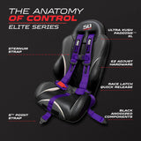 50 Caliber Racing Violent Purple 5-point Elite EZ-Adjust race-latch harness shown on a seat with buckle and adjuster callouts