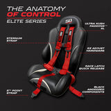 50 Caliber Racing Rage Red 5-point Elite EZ-Adjust race-latch harness shown on a seat with buckle and adjuster callouts