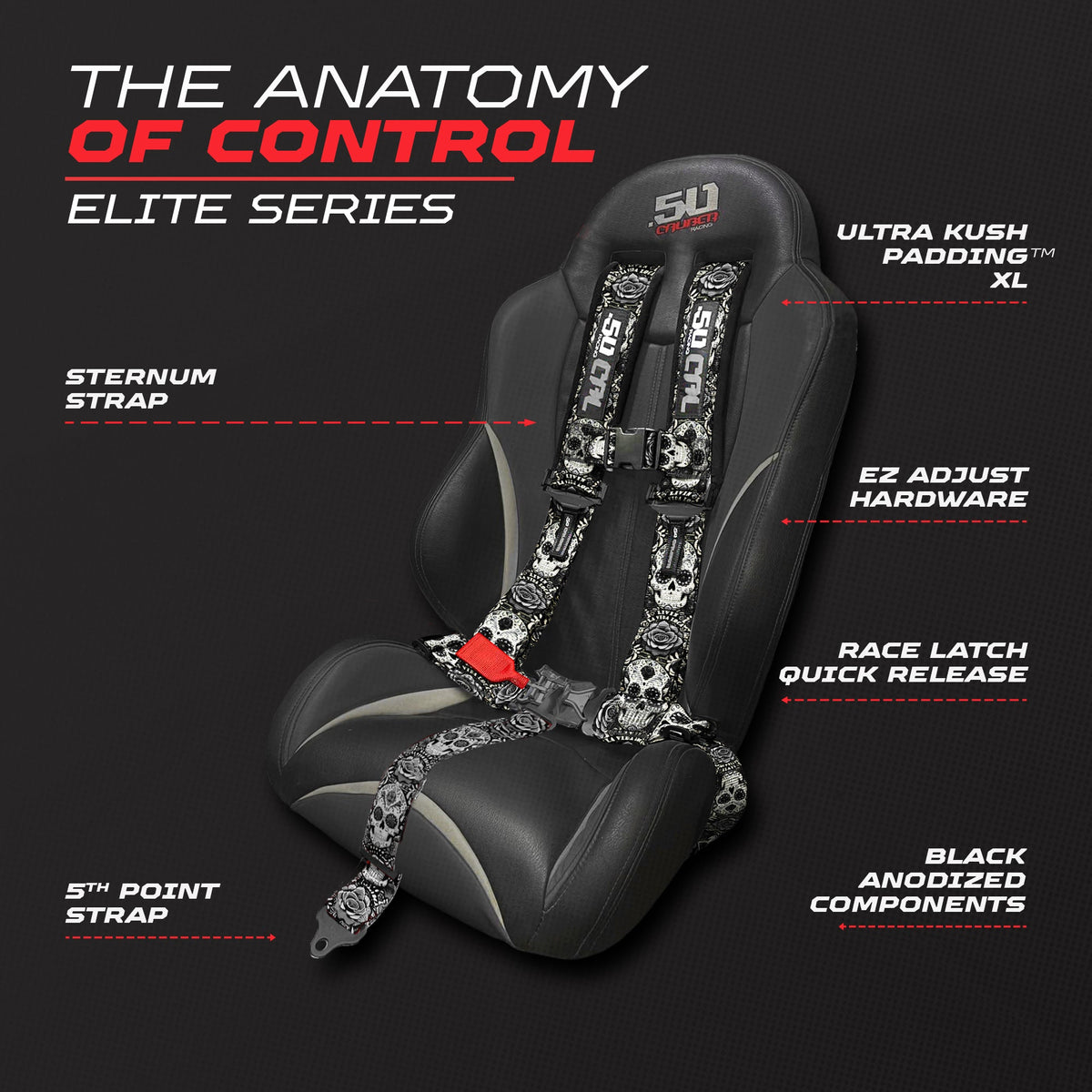 50 Caliber Racing Black Sugar Skull 5-point Elite EZ-Adjust race-latch harness shown on a seat with buckle and adjuster callouts