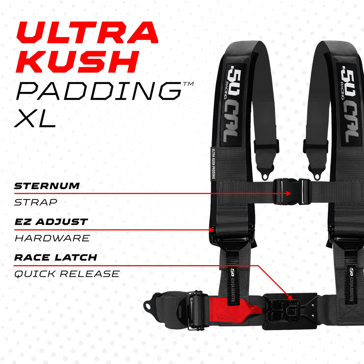 50 Caliber Racing Stealth Black 4-point Elite EZ-Adjust race-latch harness shoulder padding and release detail