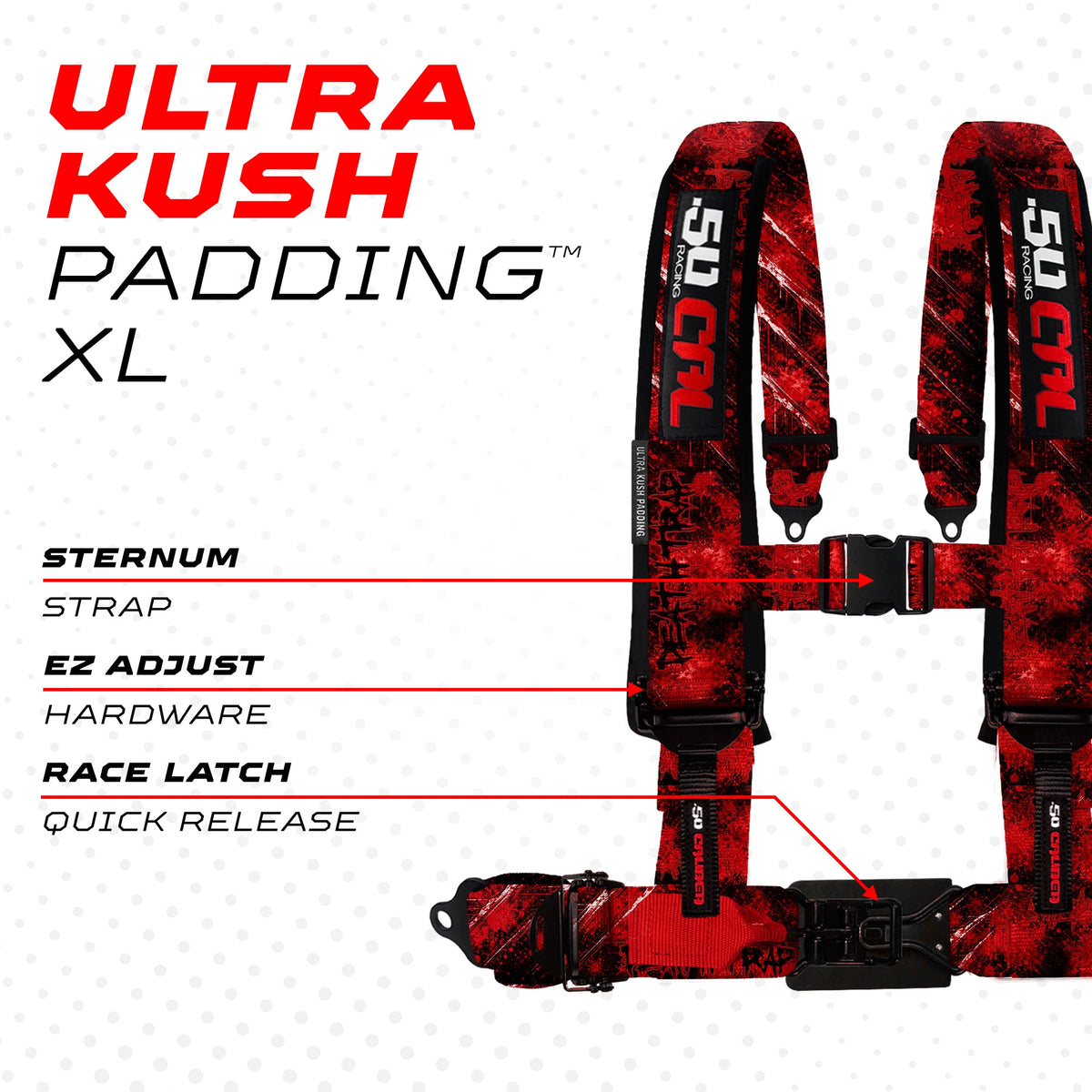 50 Caliber Racing Death Trap 4-point Elite EZ-Adjust race-latch harness shoulder padding and release detail
