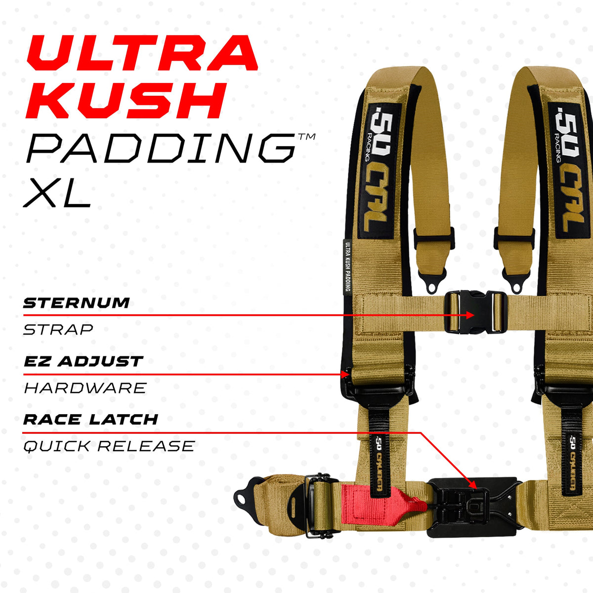 50 Caliber Racing Baja Gold 4-point Elite EZ-Adjust race-latch harness shoulder padding and release detail
