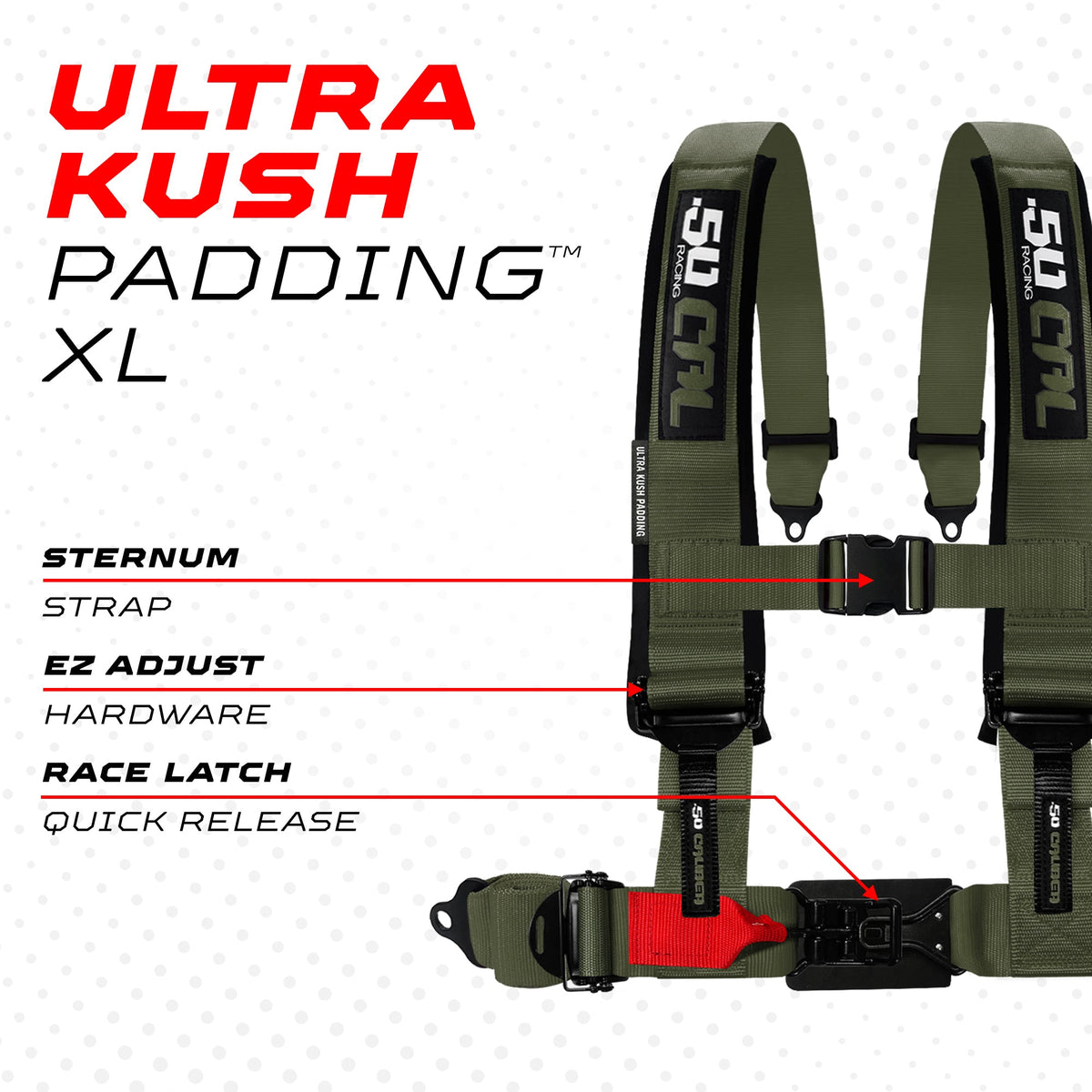 50 Caliber Racing Recon Green 4-point Elite EZ-Adjust race-latch harness shoulder padding and release detail