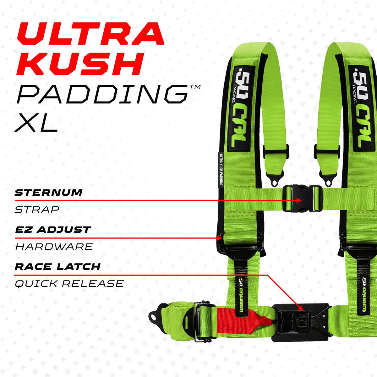 50 Caliber Racing Toxic Lime 4-point Elite EZ-Adjust race-latch harness shoulder padding and release detail