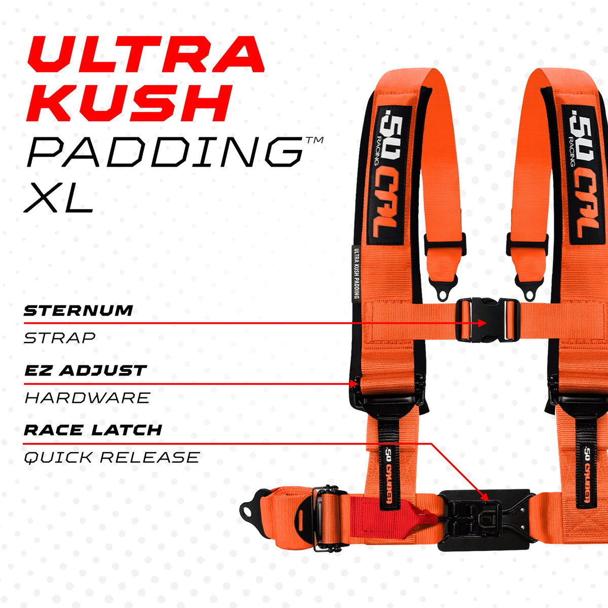 50 Caliber Racing Fury Orange 4-point Elite EZ-Adjust race-latch harness shoulder padding and release detail