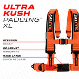 50 Caliber Racing Fury Orange 4-point Elite EZ-Adjust race-latch harness shoulder padding and release detail