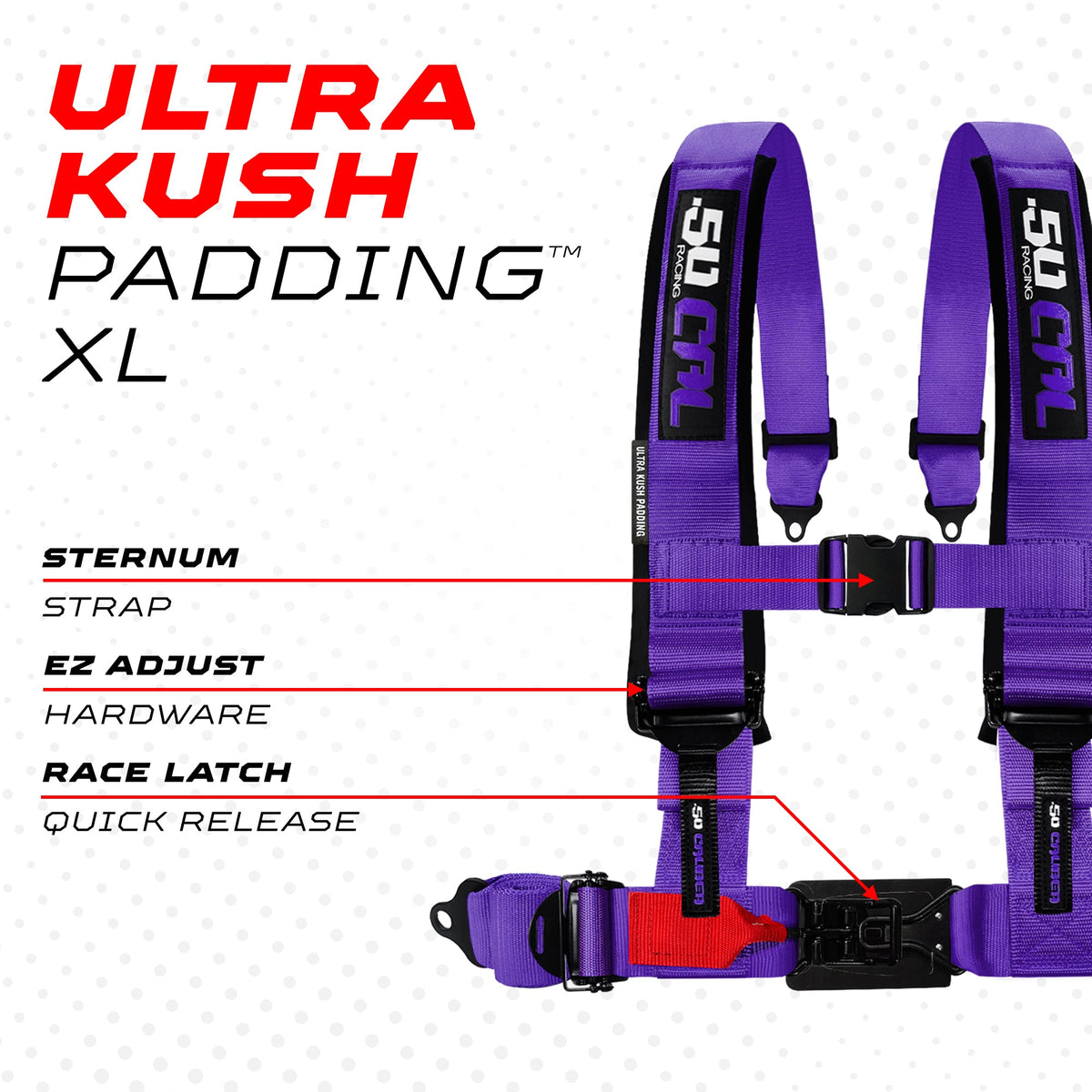 50 Caliber Racing Violent Purple 4-point Elite EZ-Adjust race-latch harness shoulder padding and release detail