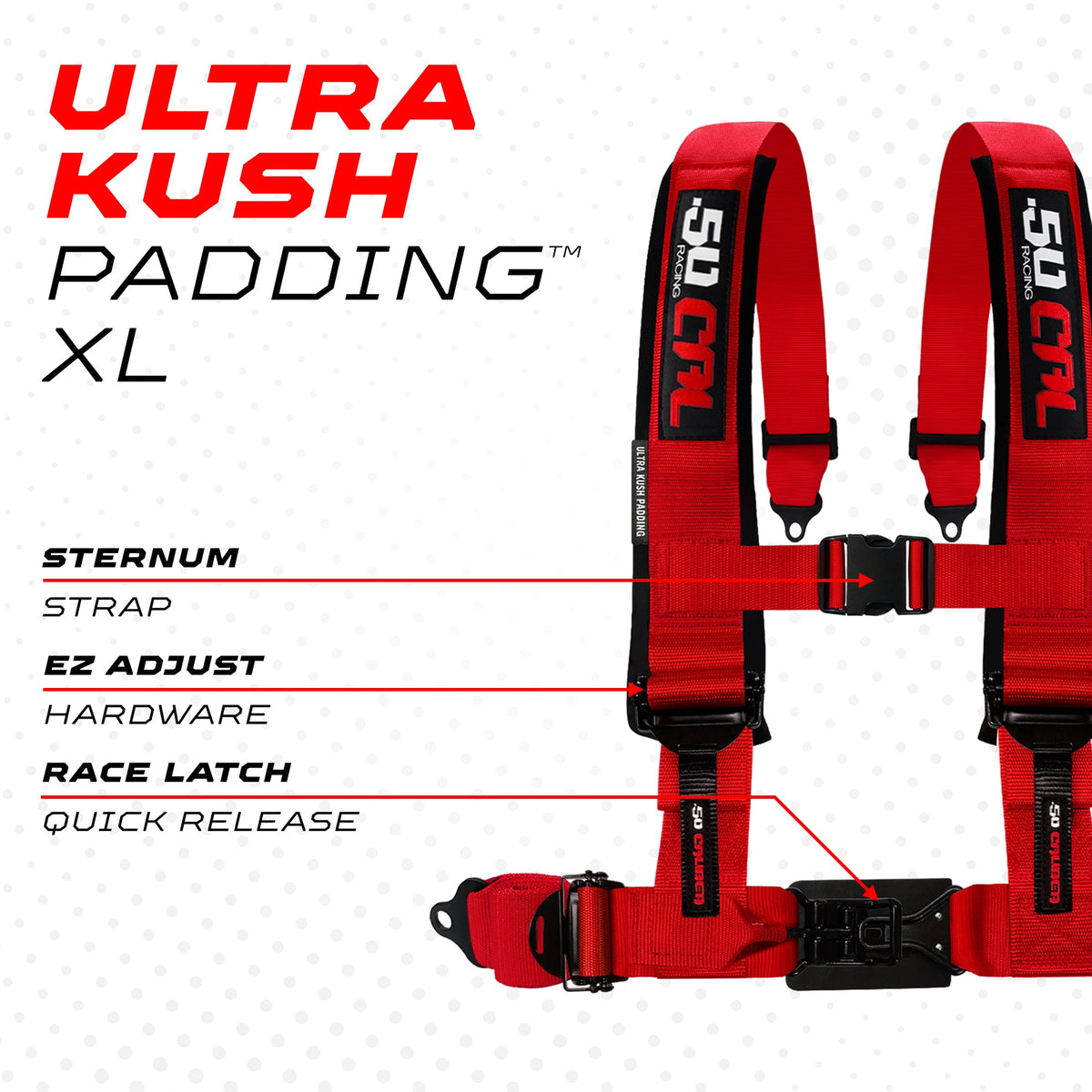 50 Caliber Racing Rage Red 4-point Elite EZ-Adjust race-latch harness shoulder padding and release detail