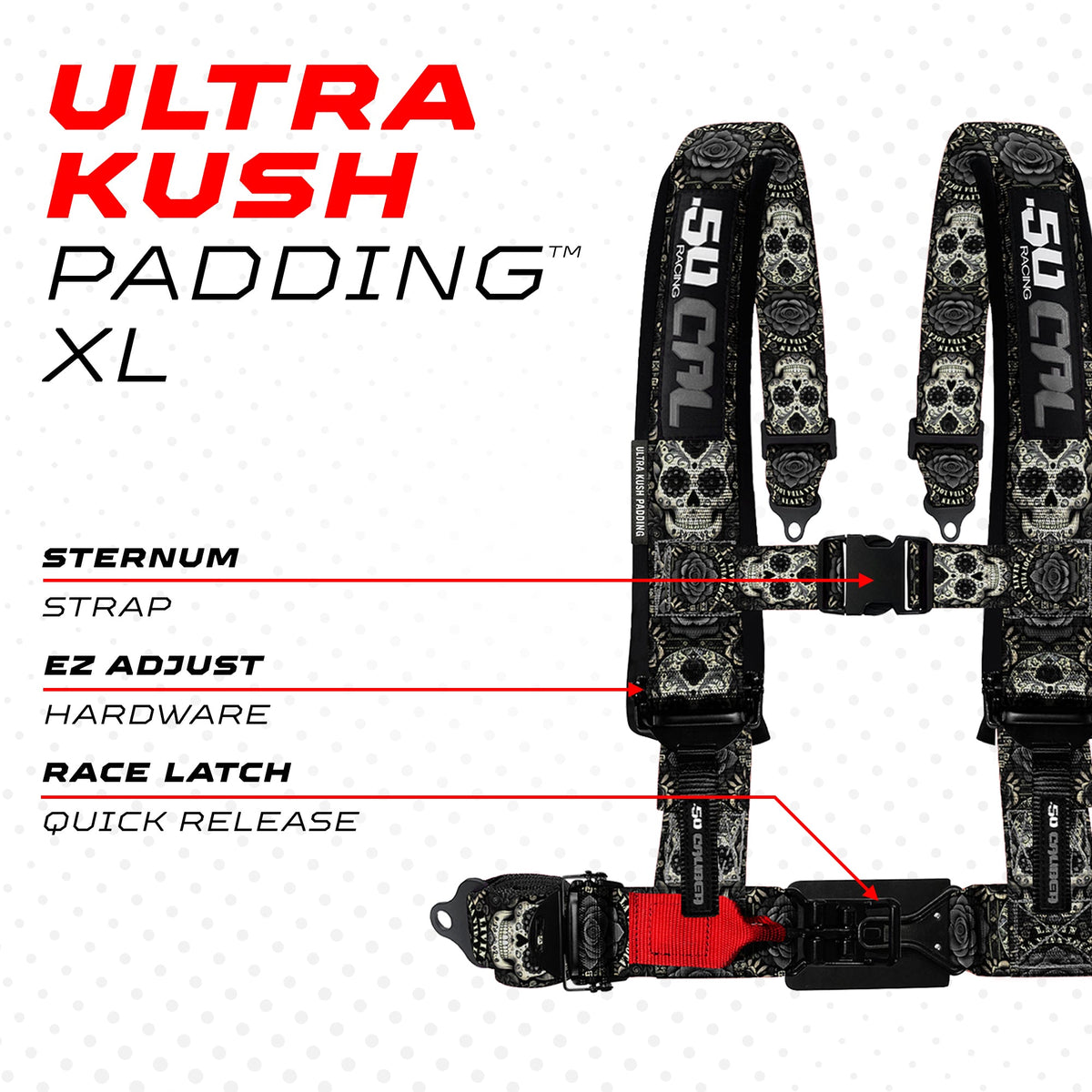 50 Caliber Racing Black Sugar Skull 4-point Elite EZ-Adjust race-latch harness shoulder padding and release detail
