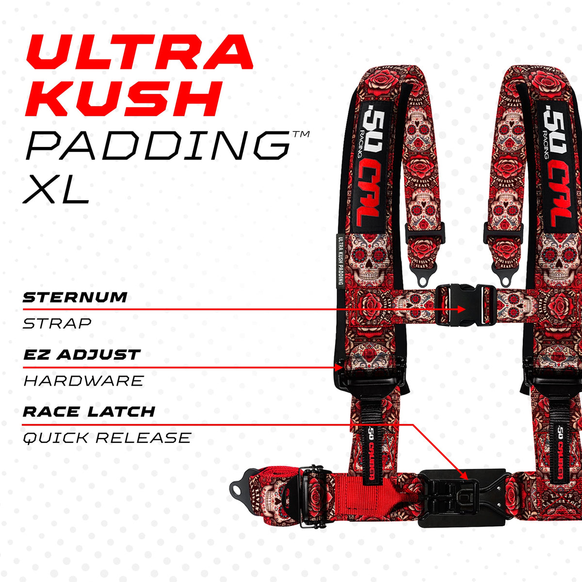 50 Caliber Racing Red Sugar Skull 4-point Elite EZ-Adjust race-latch harness shoulder padding and release detail