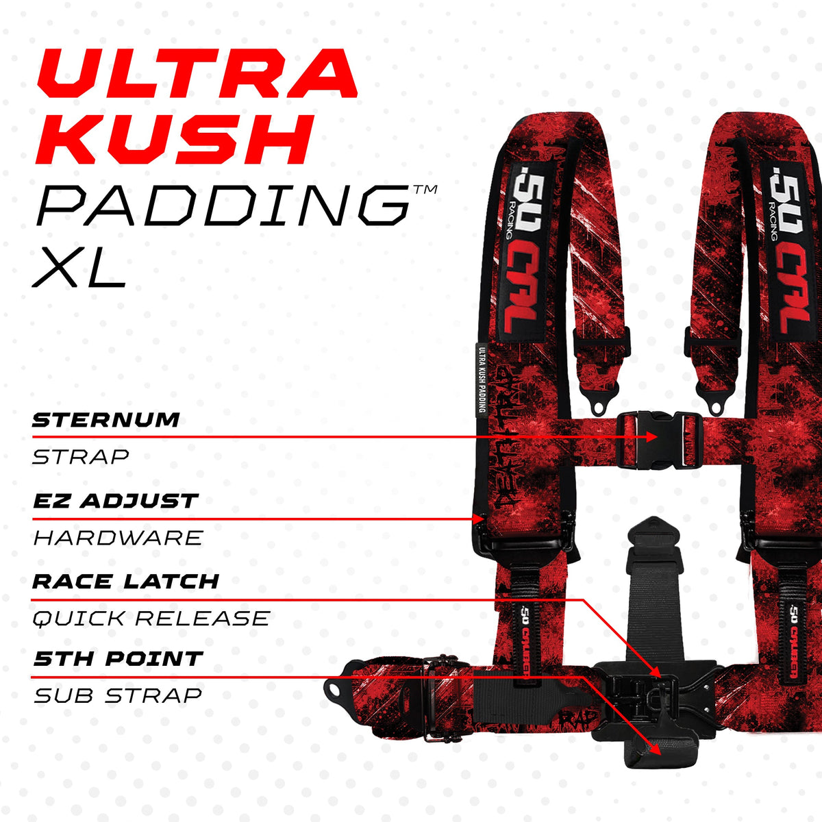 50 Caliber Racing Death Trap 5-point Elite EZ-Adjust race-latch harness shoulder padding and release detail