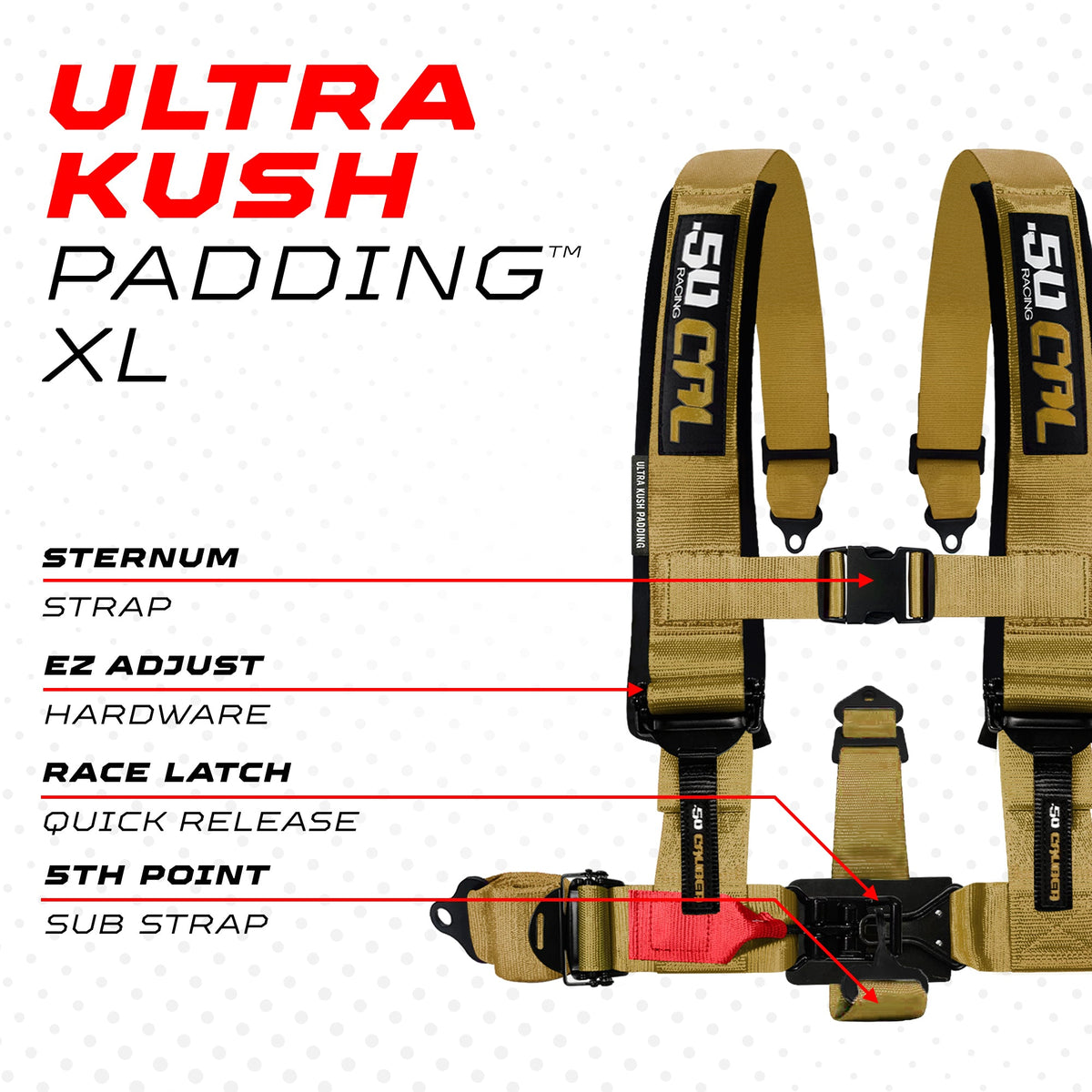50 Caliber Racing Baja Gold 5-point Elite EZ-Adjust race-latch harness shoulder padding and release detail