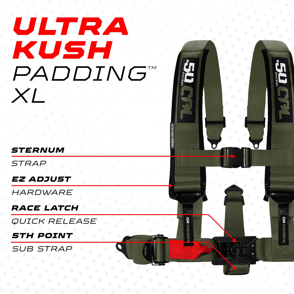 50 Caliber Racing Recon Green 5-point Elite EZ-Adjust race-latch harness shoulder padding and release detail