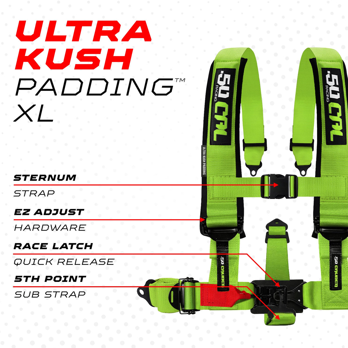 50 Caliber Racing Toxic Lime 5-point Elite EZ-Adjust race-latch harness shoulder padding and release detail
