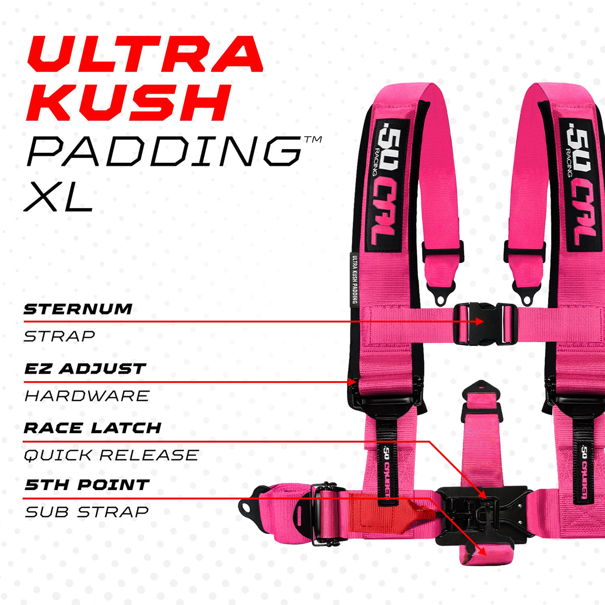 50 Caliber Racing Nitro Pink 5-point Elite EZ-Adjust race-latch harness shoulder padding and release detail
