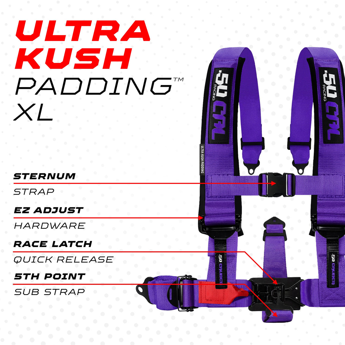 50 Caliber Racing Violent Purple 5-point Elite EZ-Adjust race-latch harness shoulder padding and release detail