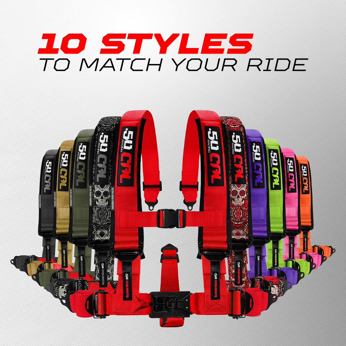 50 Caliber Racing Elite EZ-Adjust race-latch 5-point harness color and pattern comparison