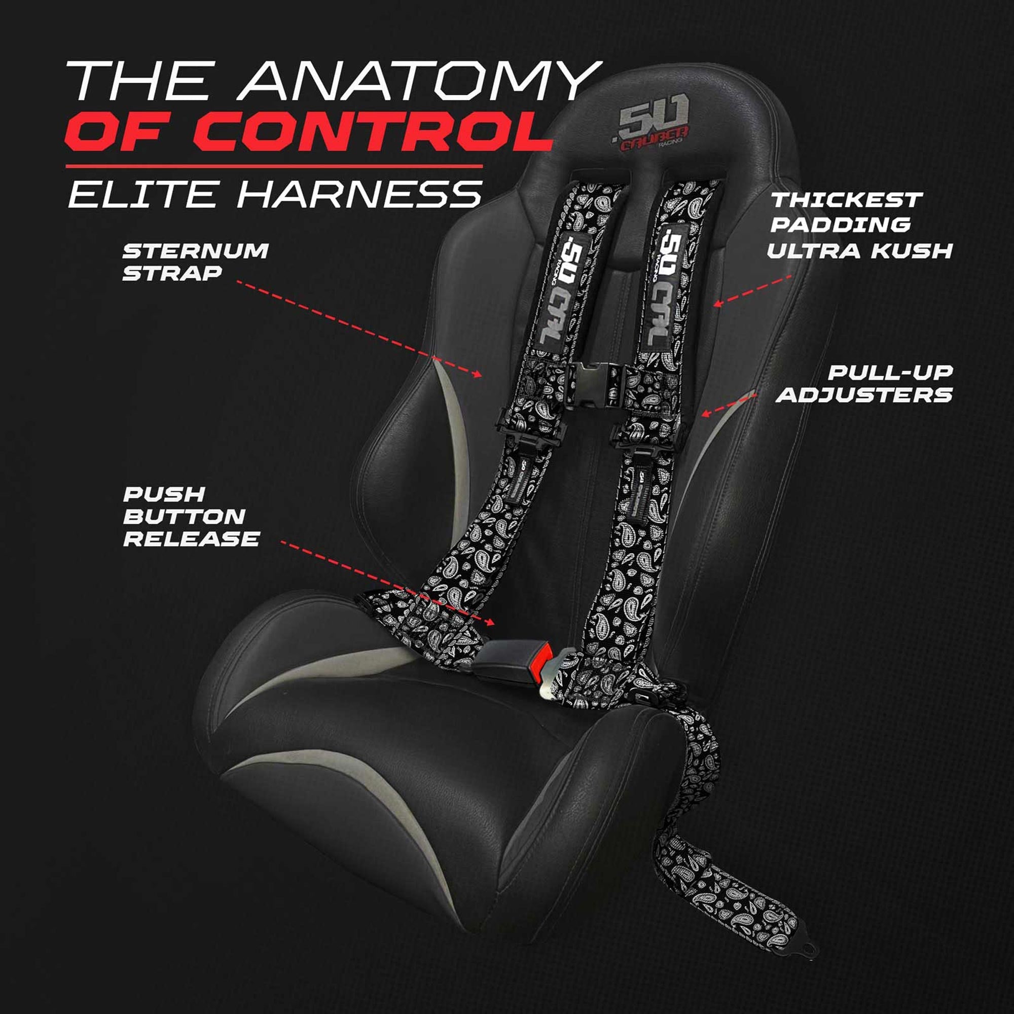 50 Caliber Racing Elite Series 4-Point UTV Harness | Ultra Kush Padding + Push Button Release | 2" & 3", 7 Colors
