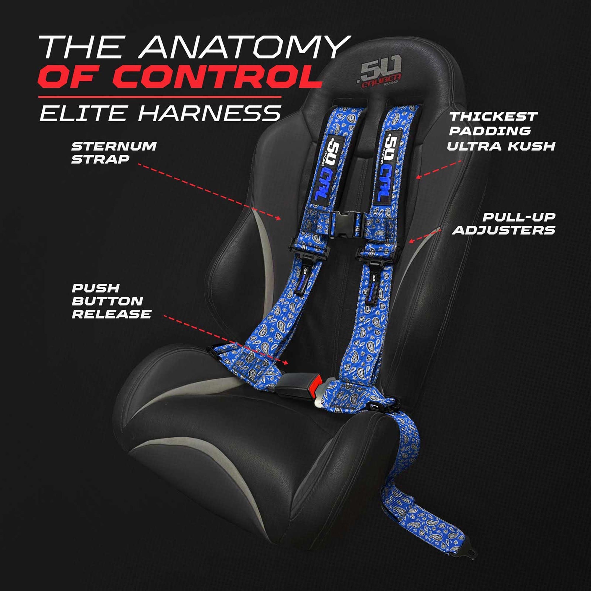 50 Caliber Racing Elite Series 4-Point UTV Harness | Ultra Kush Padding + Push Button Release | 2" & 3", 7 Colors
