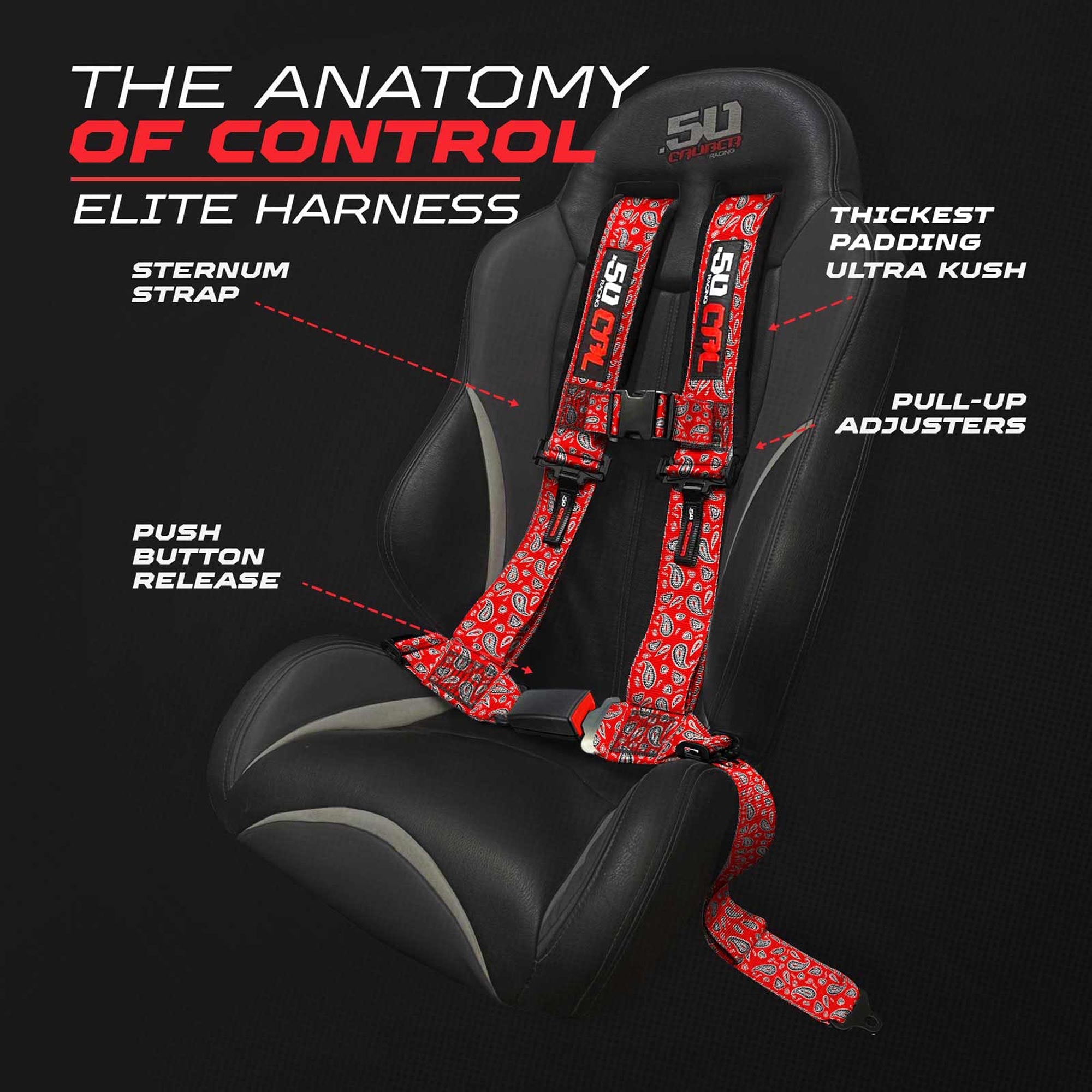 50 Caliber Racing Elite Series 4-Point UTV Harness | Ultra Kush Padding + Push Button Release | 2" & 3", 7 Colors