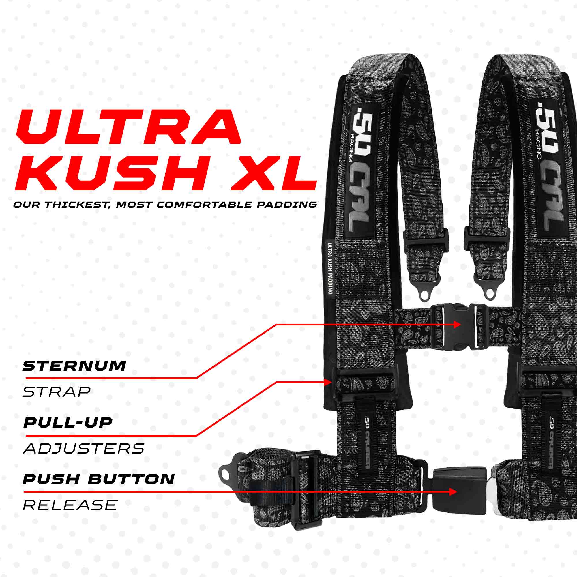 50 Caliber Racing Elite Series 4-Point UTV Harness | Ultra Kush Padding + Push Button Release | 2" & 3", 7 Colors