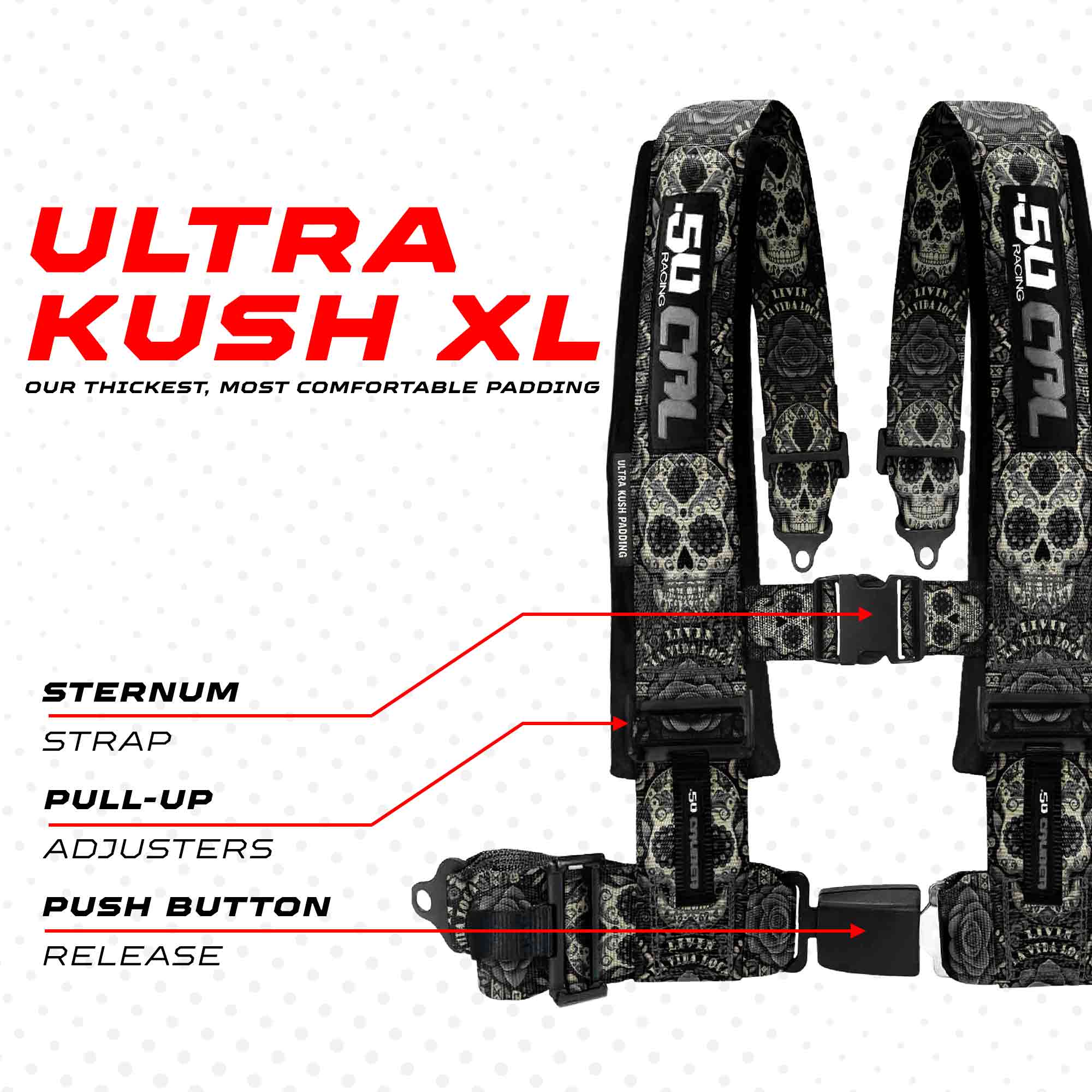 50 Caliber Racing Elite Series 4-Point UTV Harness | Ultra Kush Padding + Push Button Release | 2" & 3", 7 Colors